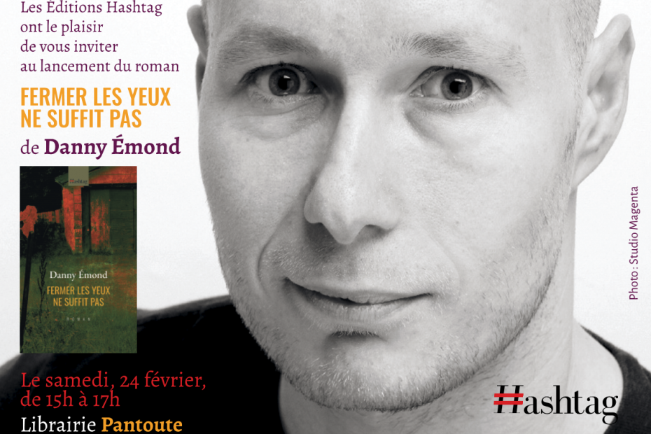 Photo de Danny Émond avec son livre et l'annonce du lancement
